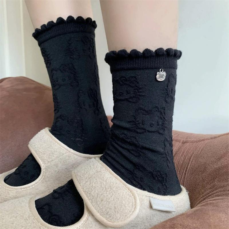 

Korean Egg Cloth Label Vintage Striped Socks Sheep Wool Thickened Mid-Leg Socks Women Are Versatile And Good-Looking One size fits all чорний