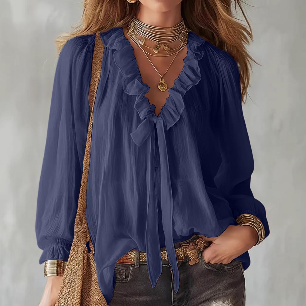 Women's  Fashionable Color V-neck Long Sleeved Tied Loose Shirt Top