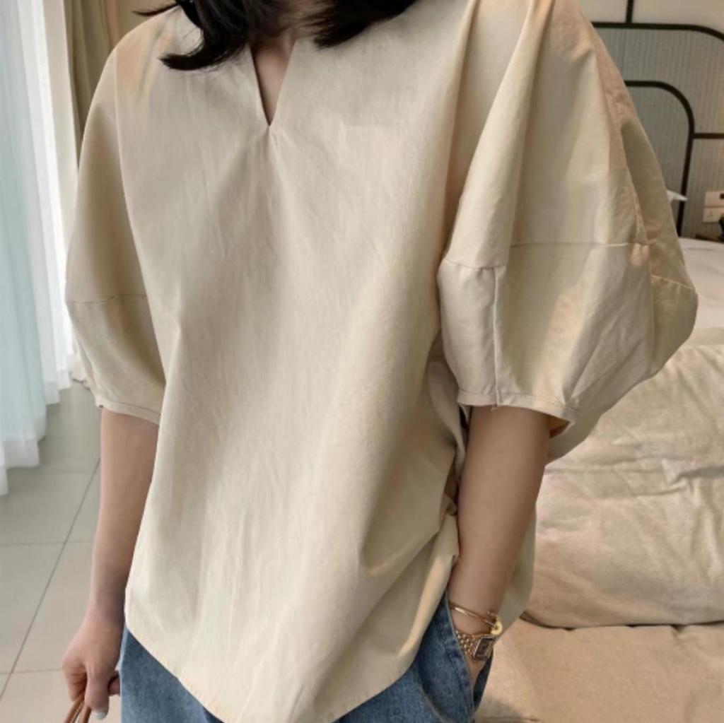 2025 Sommer Damen Koreanisch Chic V-Ausschnitt Locker Einfarbiges Hemd