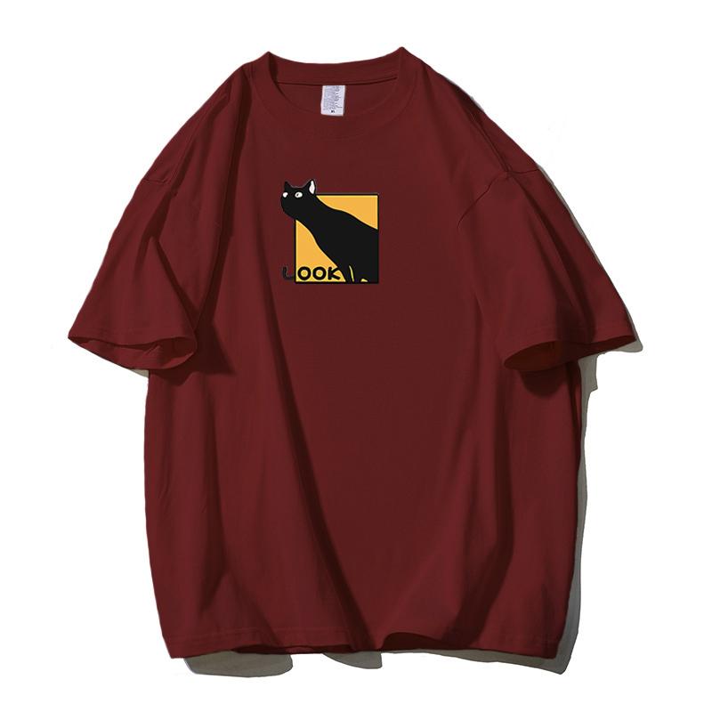 

Shellsuning/женские футболки с принтом милого котенка, новинка лета 2023, повседневная уличная одежда с короткими рукавами, футболки большого размера из хлопка, одежда для девочек, простой топ 3XL вино красного