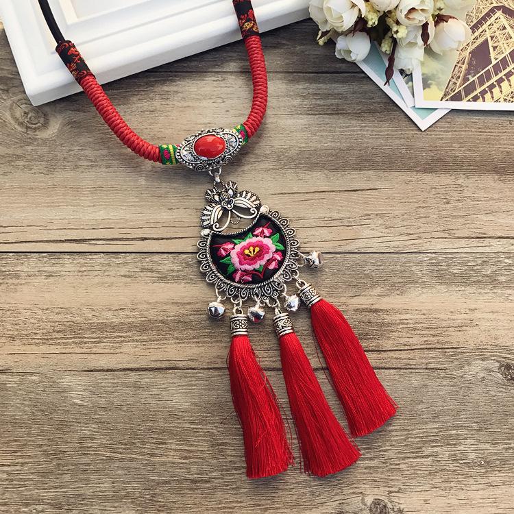 Retro Long Fashion Classical Embroidery Fringed Necklace Temperament Wind Chimes Pendant Miao Sweater Chain Accessories