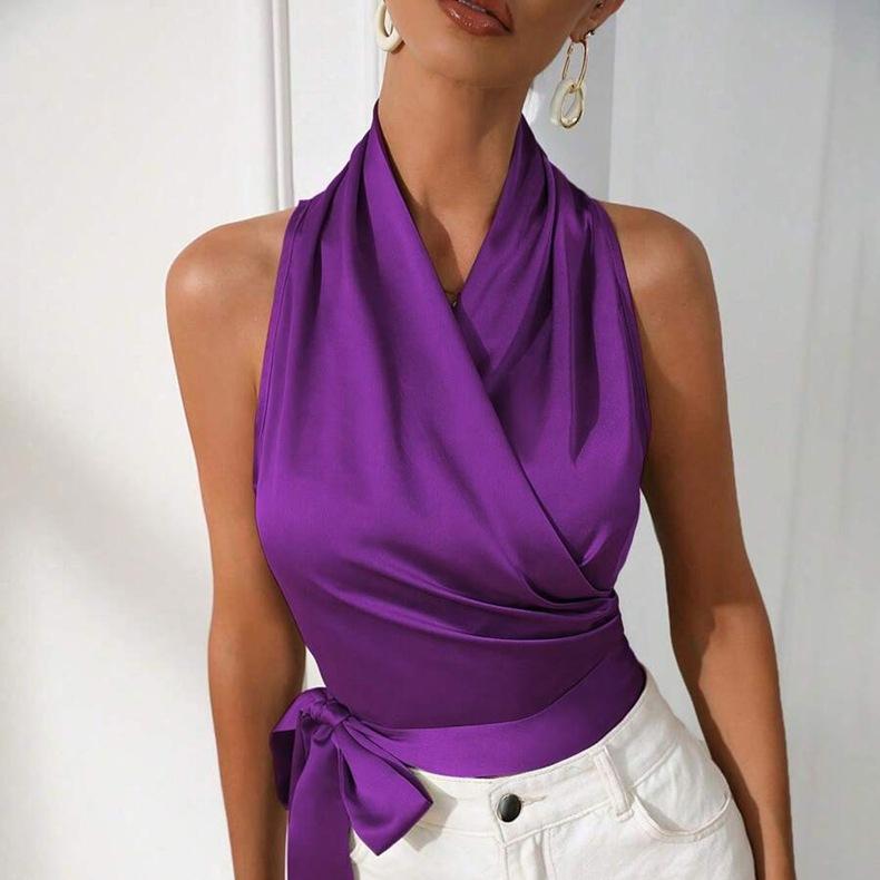 

Женская полосатая атласная рубашка, сексуальная блузка без рукавов со шнуровкой и боковыми завязками на весну и лето L фиолетовый