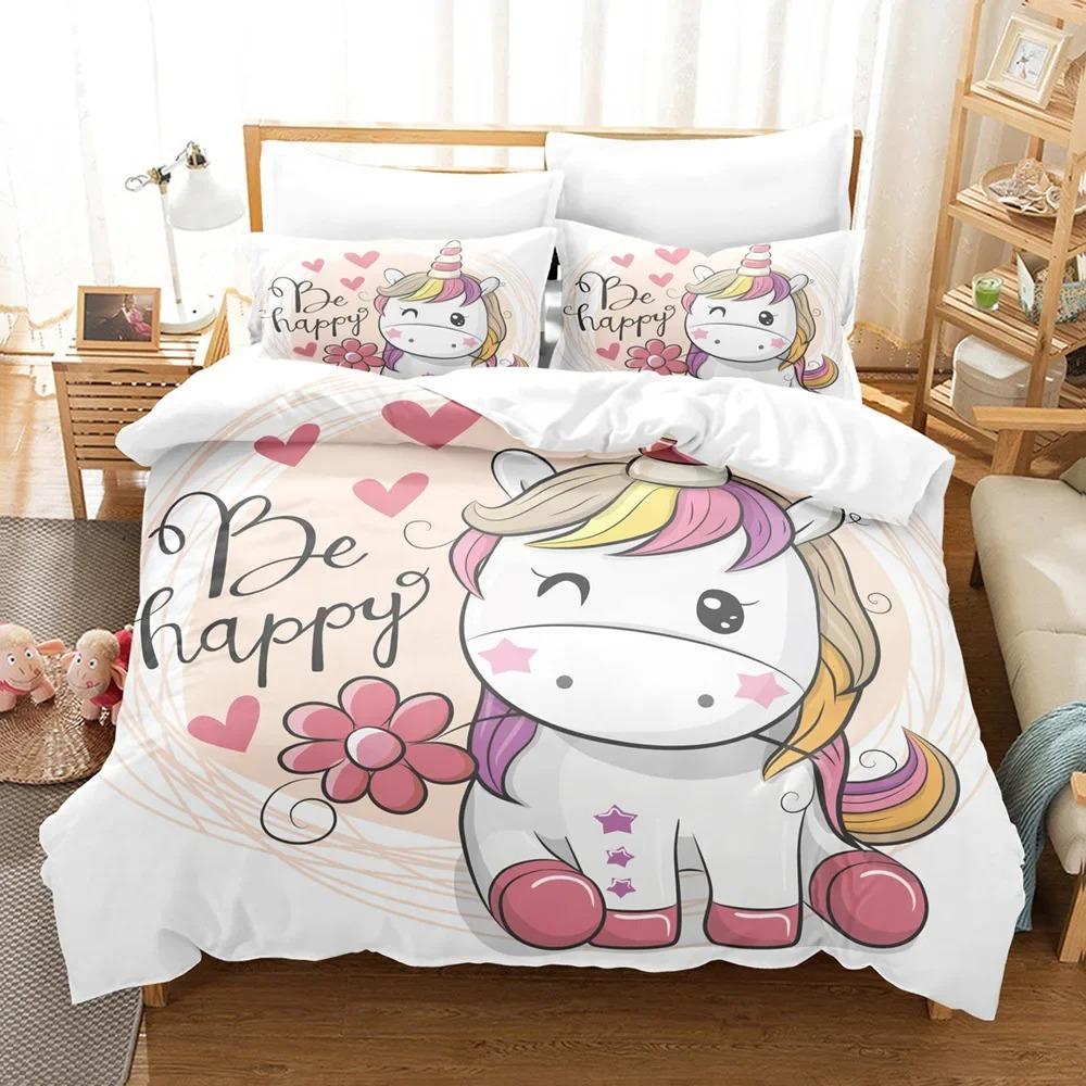 Cartoon Unicorn Duvet Cover Set KingQueen Size Cute Pink Blue Fairy Tale Animals Polyester Bedding Set for Girls Kids