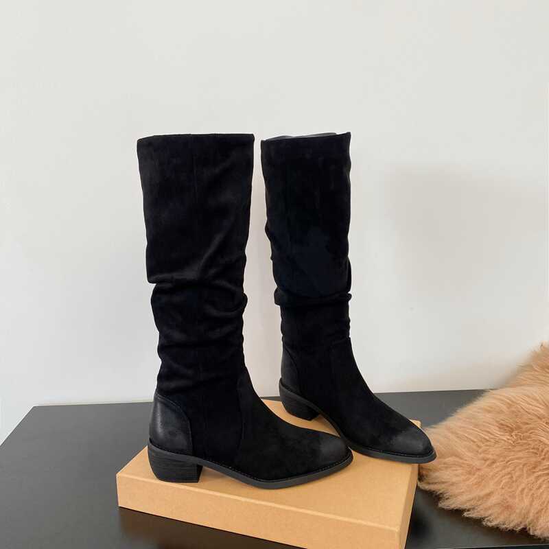 Fashion Autumn Pleated Women Knee High Boots Fashion Thick Heels Pointed Toe Shoes Western Long Botas Para Mujer