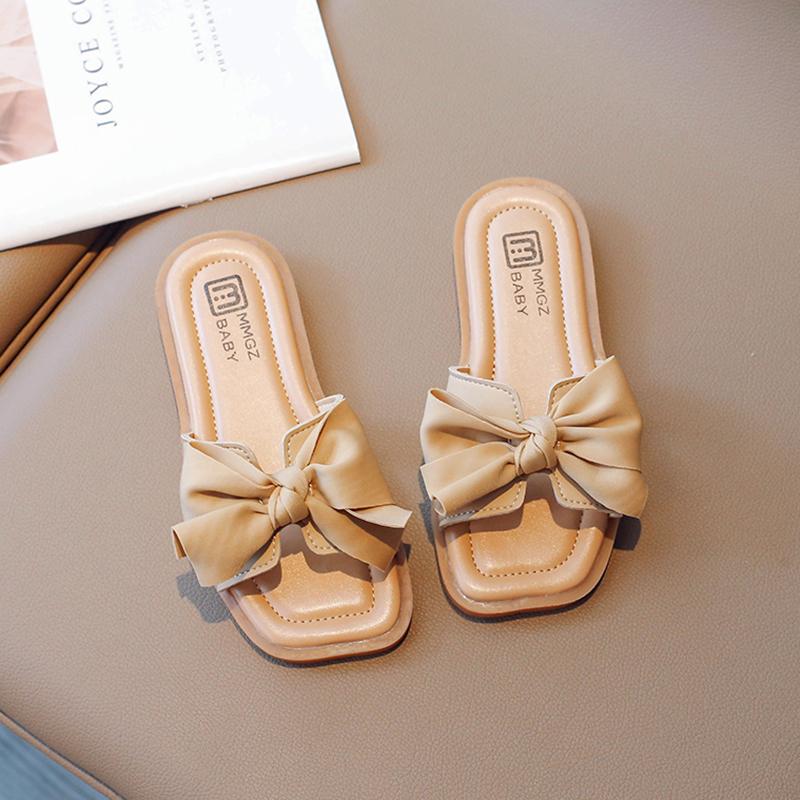 

Girl s Slippers Bowtie Square Toe Sweet Pu Leather Kids Sliders Flat Three Colors Trendy Vacation All-match Children Sandals 36