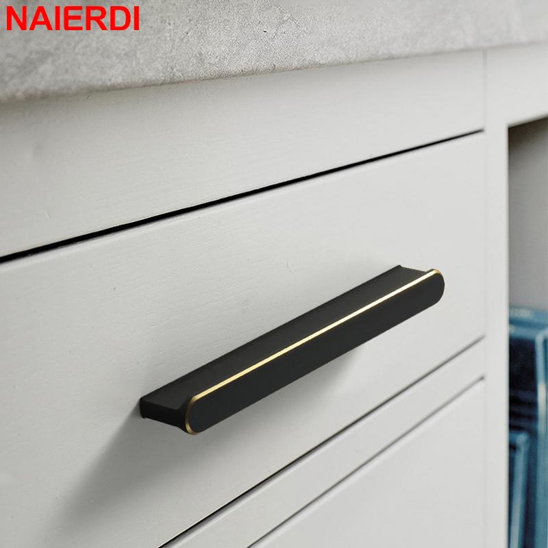 NAIERDI American Style Black Cabinet Handles Aluminum Alloy  Long Furniture Handle Kitchen Cupboard Pulls Drawer Knobs Hardware