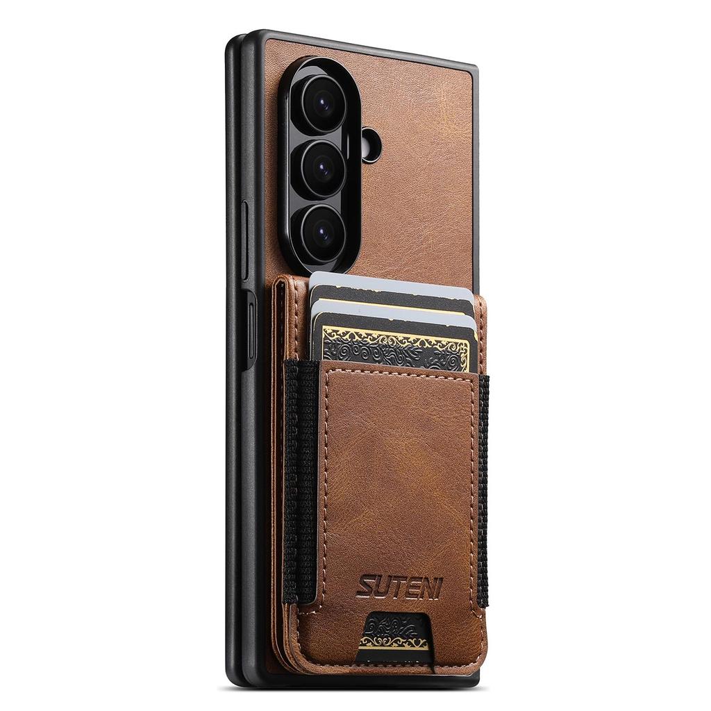 SUTENI Leather Case for Samsung Z Fold 5/6/7: Oil Wax Texture, Card Slot, Elastic Band, Stand Function.