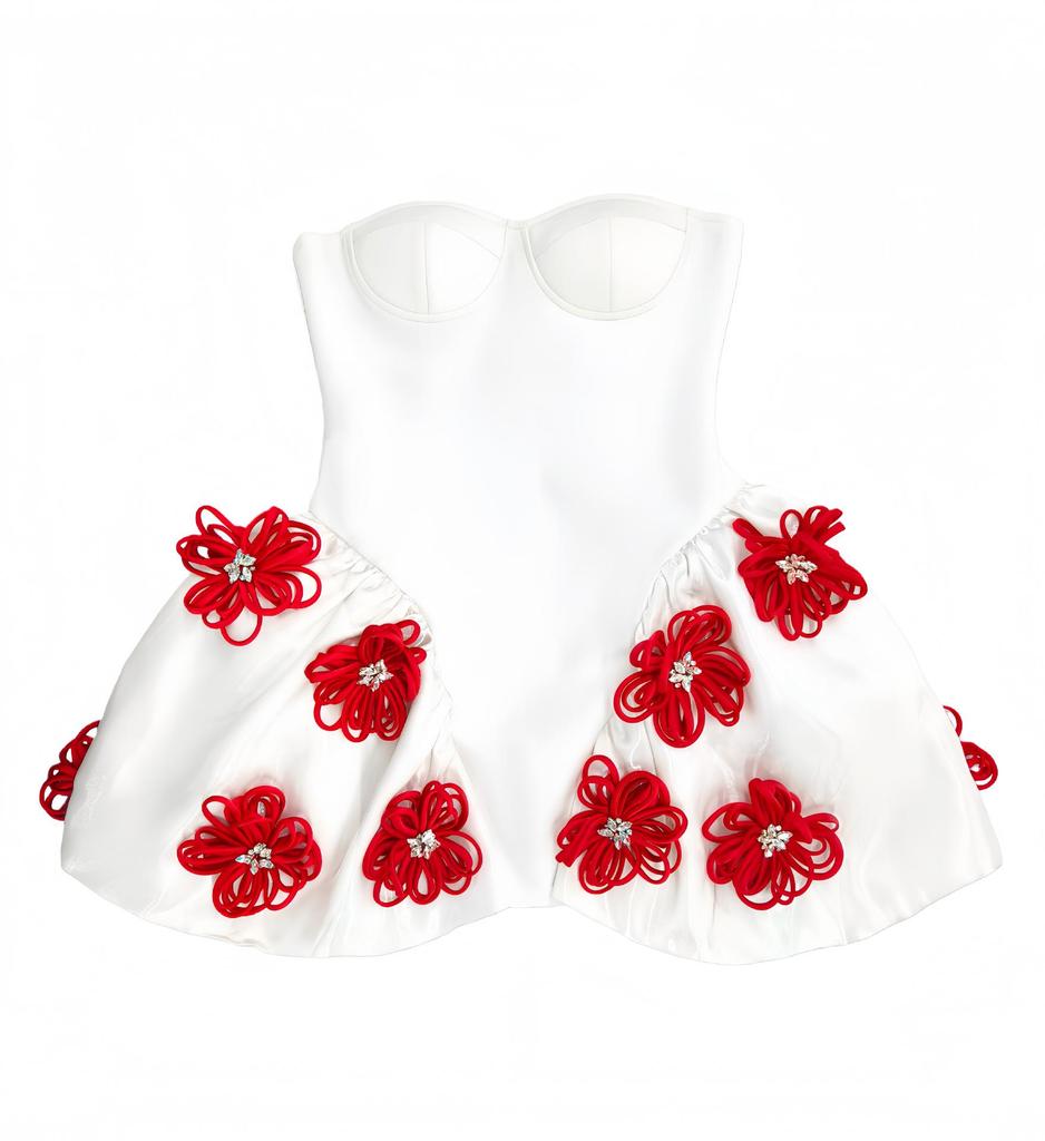 Women's French Hepburn Style Tube Top Tutu Skirt Dress with Black Floral Bandage Design - New Model