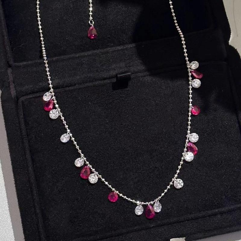 Sterling Silver Trendy Geometric Pattern Necklace with Clavicle Chain and White Corundum