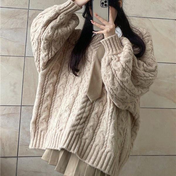 Dámský svetr s výstřihem do V Vintage Ležérní Volný Pevný Pletený Svetr Preppy Roztomilé topy Podzim Zima Korejský módní svetr