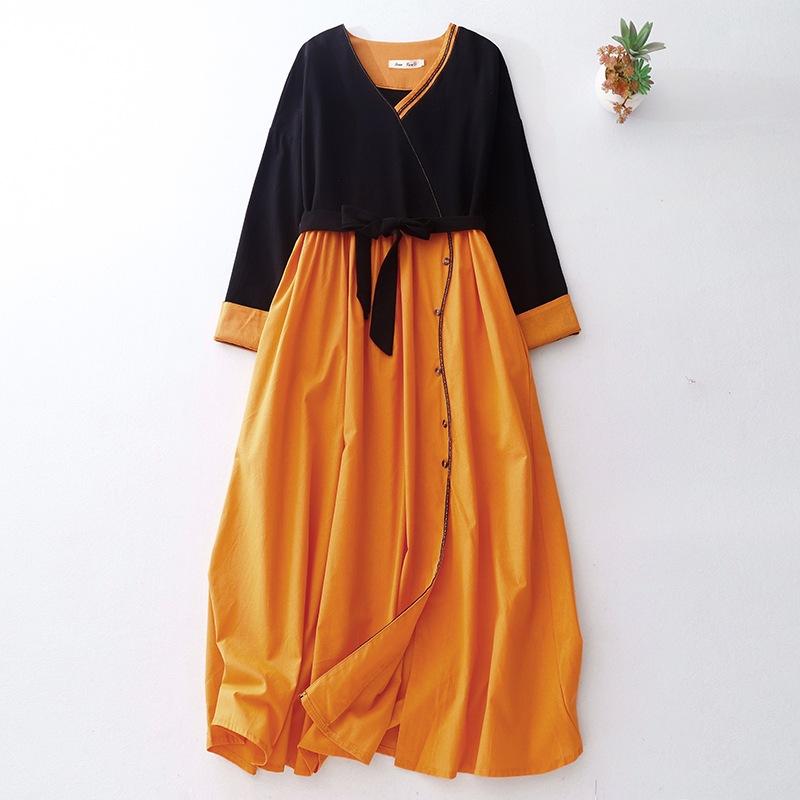 

Этнический стиль однотонное платье из хлопка и льна женское весенне-осеннее новое темпераментное длинное платье свободное и тонкое с V-образным вырезом нижняя длинная юбка L