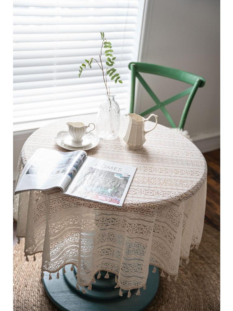 American Country Style Vintage Crochet Hollow Tablecloth, Rice White Crochet Plaid Pattern Decorative Tablecloth Suitable for Home Decoration, Picnic