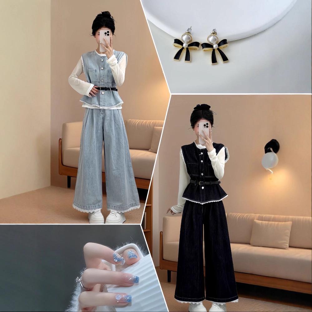 Spring Plus Size Layered Vest & Wide-Leg Jeans Fashionable Three-Piece Set