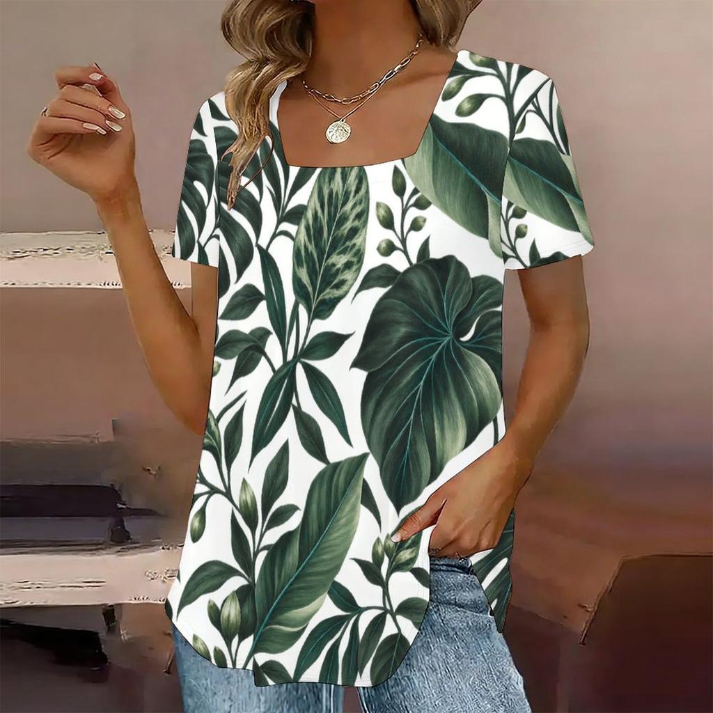 Women Plus Size U Neck Short Sleeve Tropical Floral Leaf Printed T Shirt Curved Hem Casual Tops