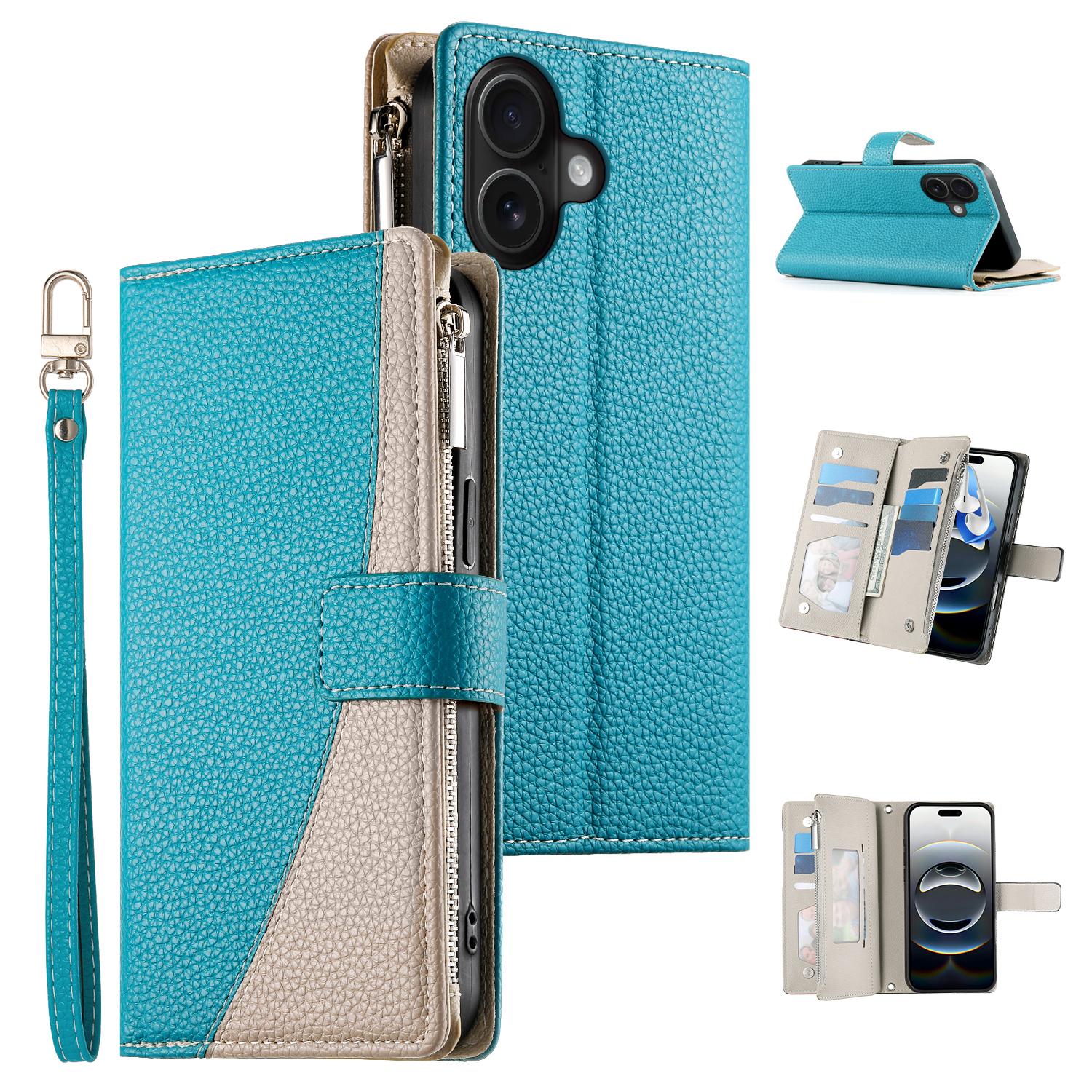 

For iPhone 16 Case Zipper Pocket Wallet Color Splicing Leather Flip Phone Cover with Straps Lake Blue
