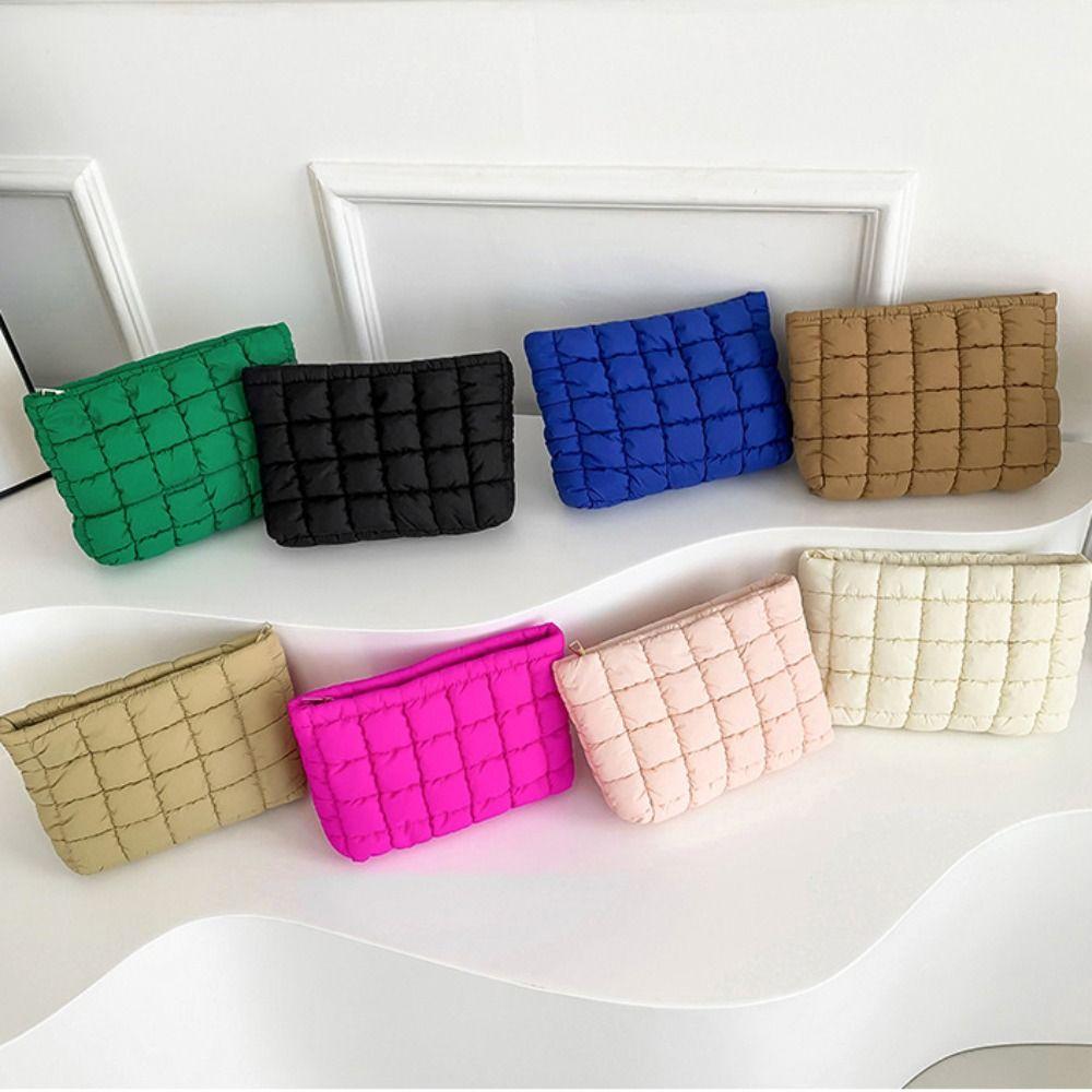 Puffy Cotton Clutch Bag Zipper Cosmetic Bag Portable Quilted Padded Makeup Bag  Travel