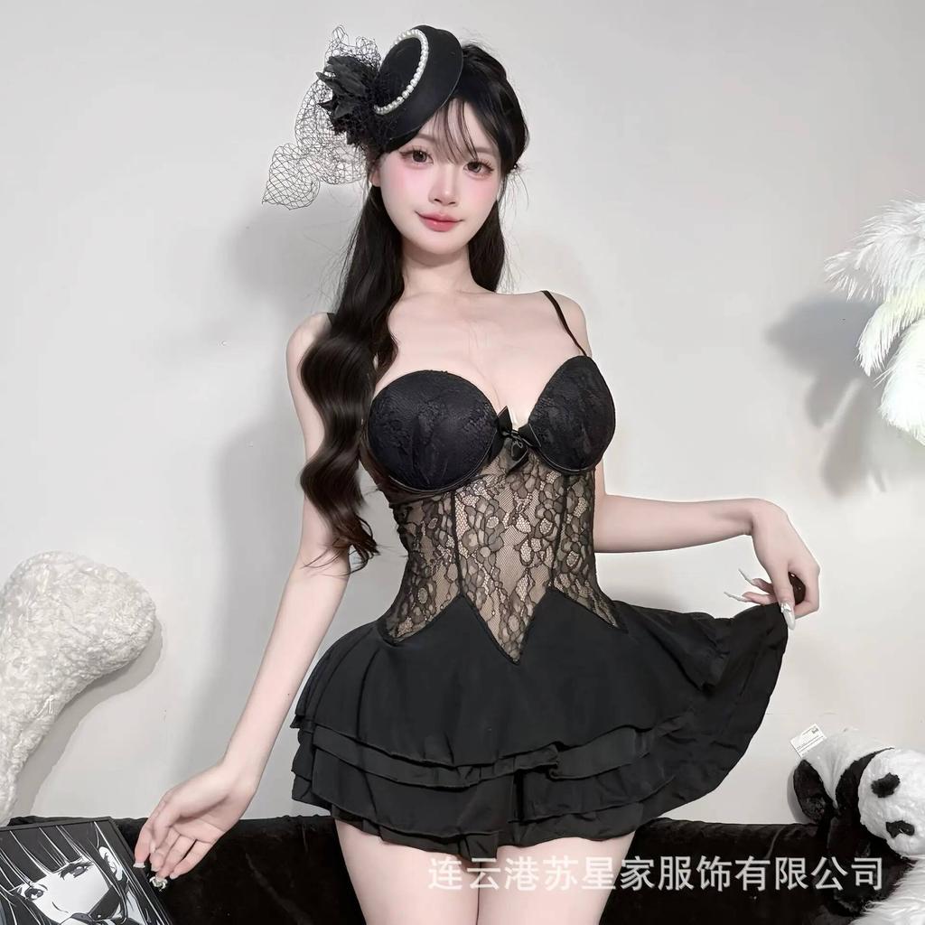 Sexy Lingerie Plus Size Sexy Deep V Lace Transparent Backless Deep V Suspenders Sleeveless Cake Dress Charming Pure Desire U64P