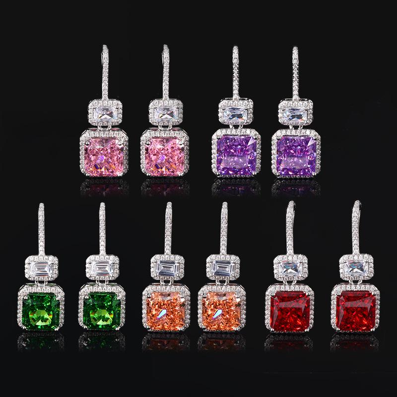 

Charm 10mm Square Shape Pink Purple Red Green Color Crushed Ice Cut High Carbon Diamond 5A Zircon Hook Earrings