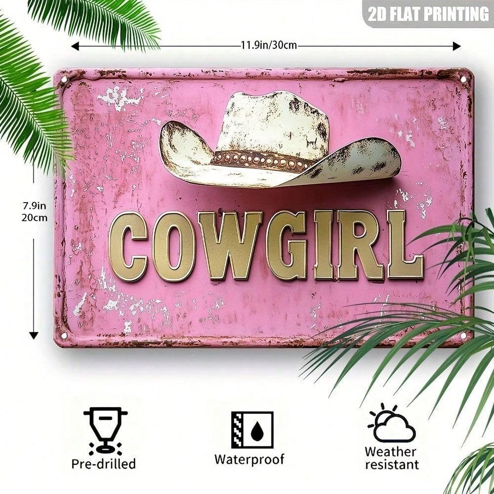 Rustic Pink Metal Cowboy Hat Wall Art, Vintage Western Cowgirl Sign for Farmhouse Bar Cafe Decor
