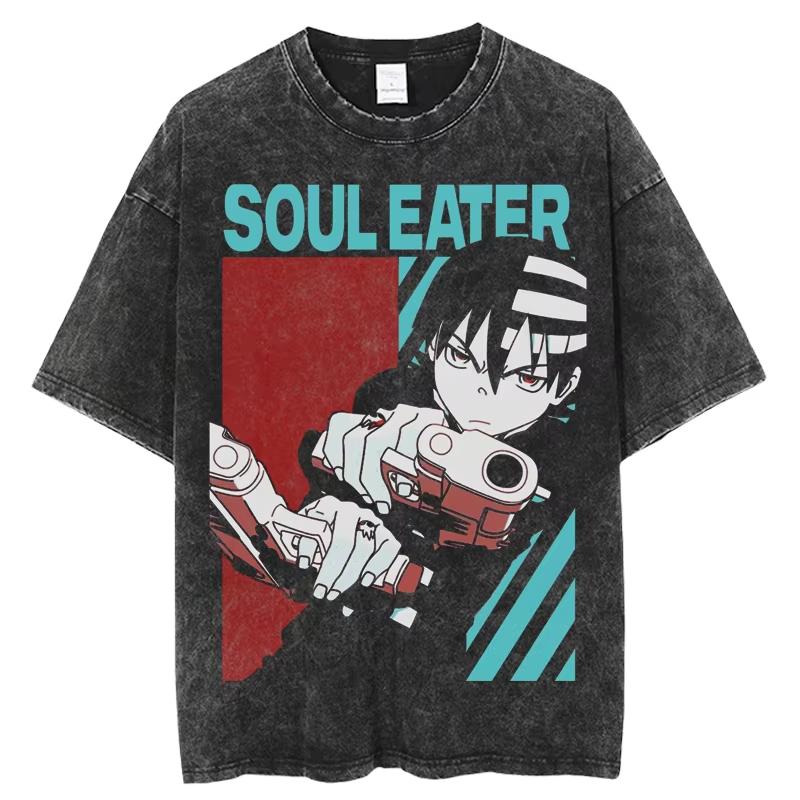 Japan Anime Soul Eater Printed T Shirt Men Washed Cotton Tshirts Casual Loose Manga Tee Harajuku Male Street Vintage T-shirt Top