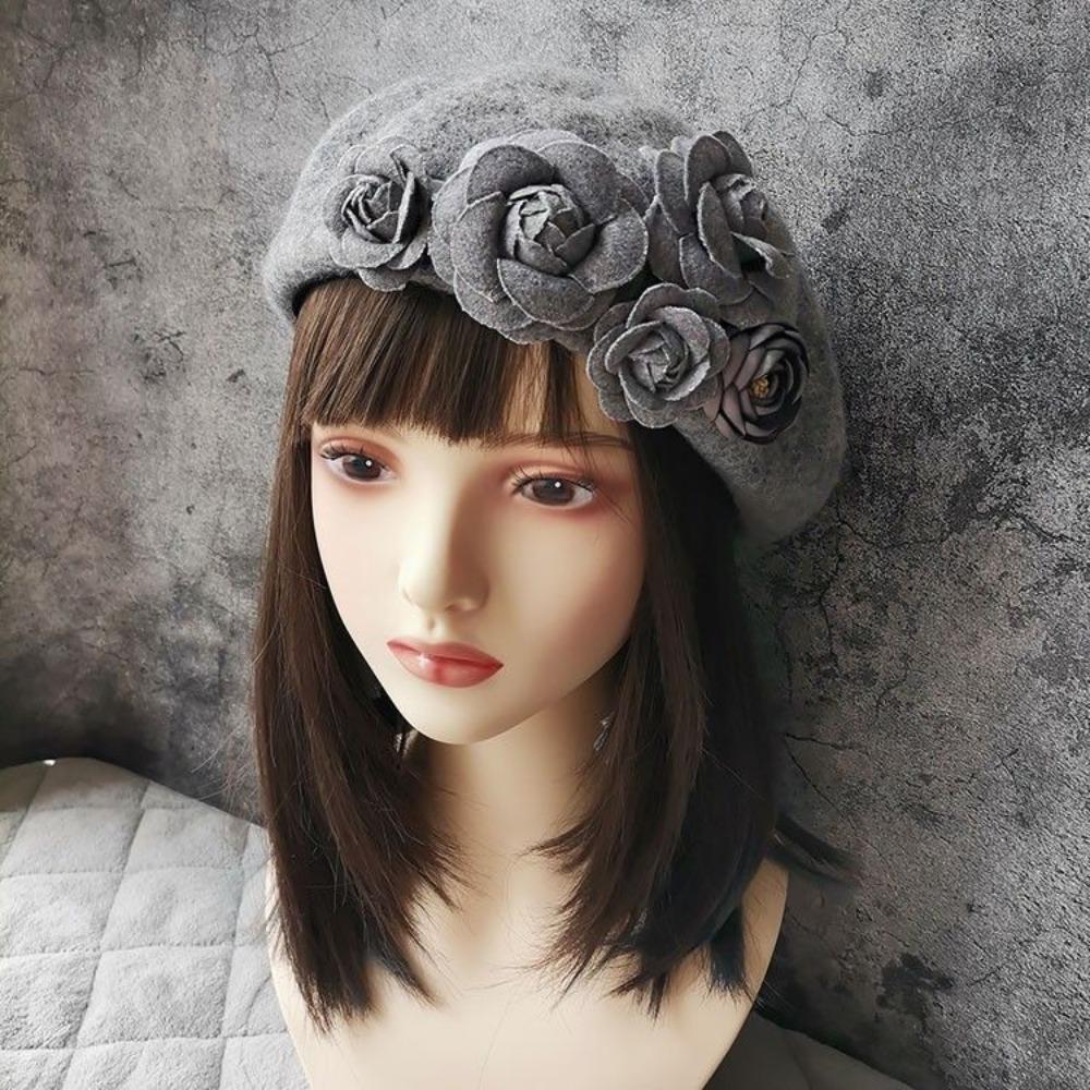 Herbst und Winter Dreidimensionale Kamelienblüten Wollbarett Ausländischer Stil Vielseitig Warm Knospenmalermütze Frau