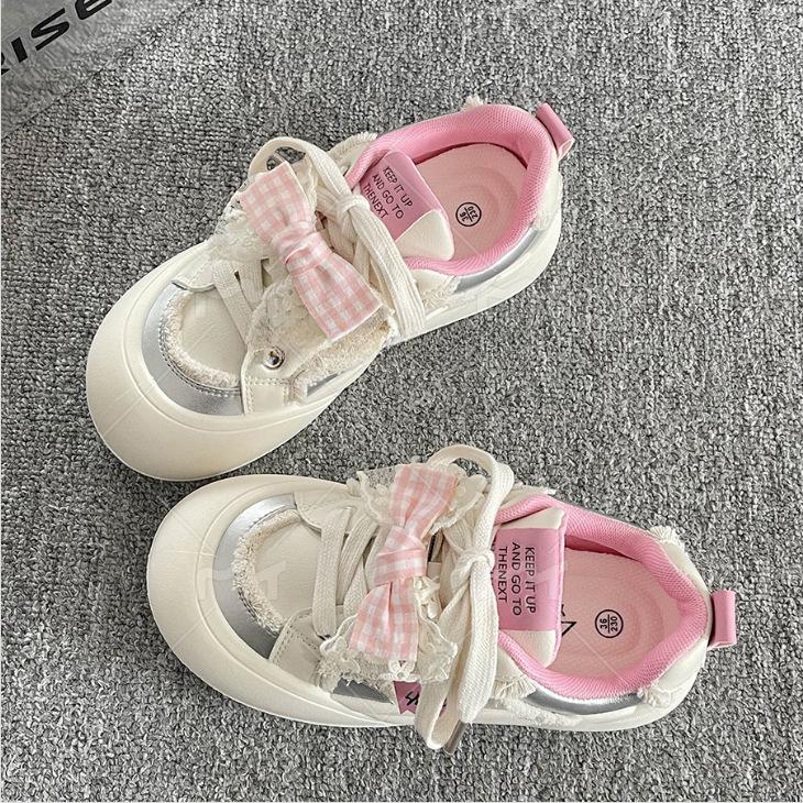 

2025 Нишевые кожаные розовые кроссовки с бантом для женщин - Универсальные весенние туфли-хлебушки на толстой подошве 35