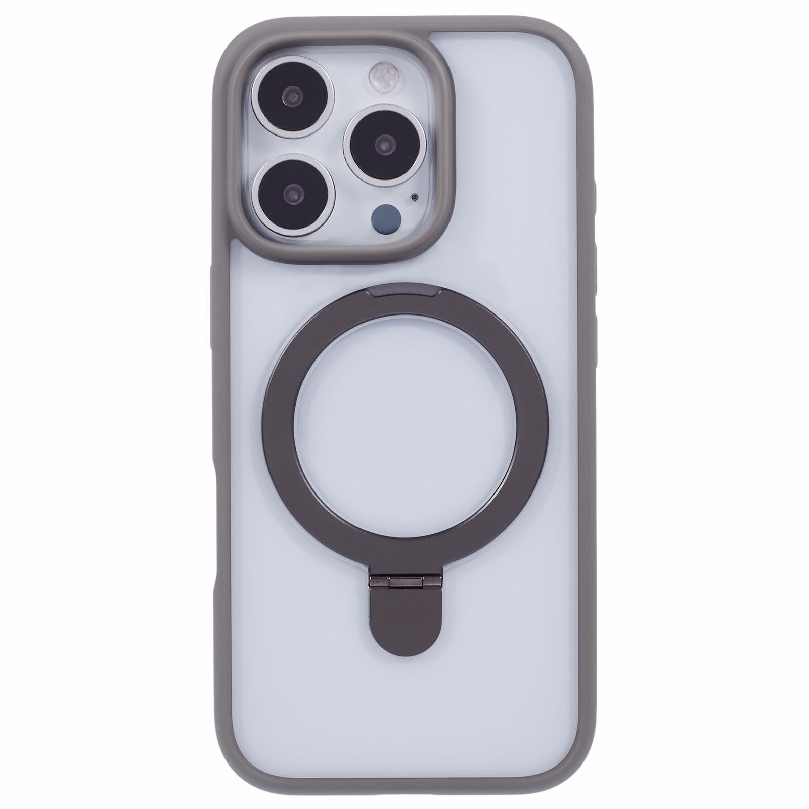 

For iPhone 16 Pro Max Case Shockproof PC+TPU Phone Cover Invisible Ring Kickstand Grey