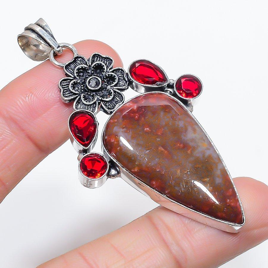 Natural Seam Agate, Garnet 925 Sterling Silver Jewelry Pendant 2.76" m1K87