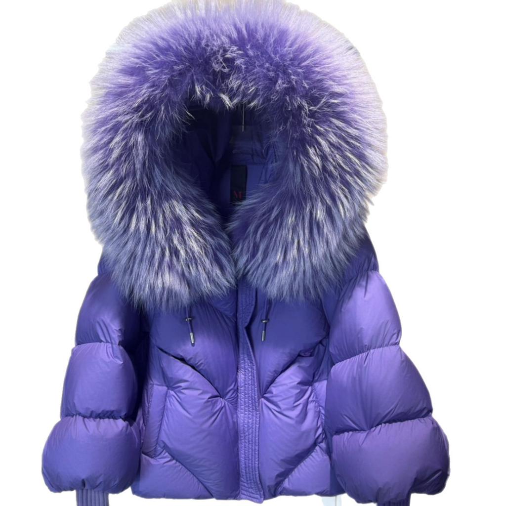 European and American New Popular Real Raccoon Big Fur Collar Goose Down Hooded Down Jacket Women's Clothing Thickened Warm Knitted Sleeve Jacket