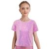 Girls Shiny Sequins Round Neck Short Sleeve T Shirt Cheerleading Dance Performance Stage Party Top