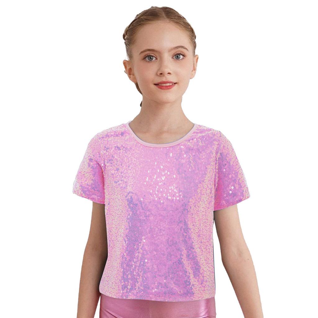 Girls Shiny Sequins Round Neck Short Sleeve T Shirt Cheerleading Dance Performance Stage Party Top