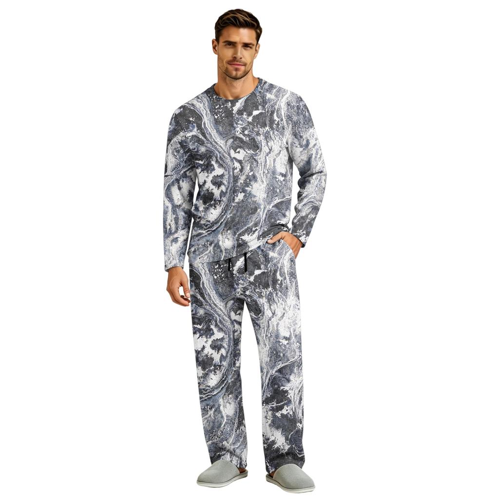 Men's Pajama Set Long Sleeve Top and Long Pants with Button Crotch and Elastic Drawstring Waist for Home Loungewear