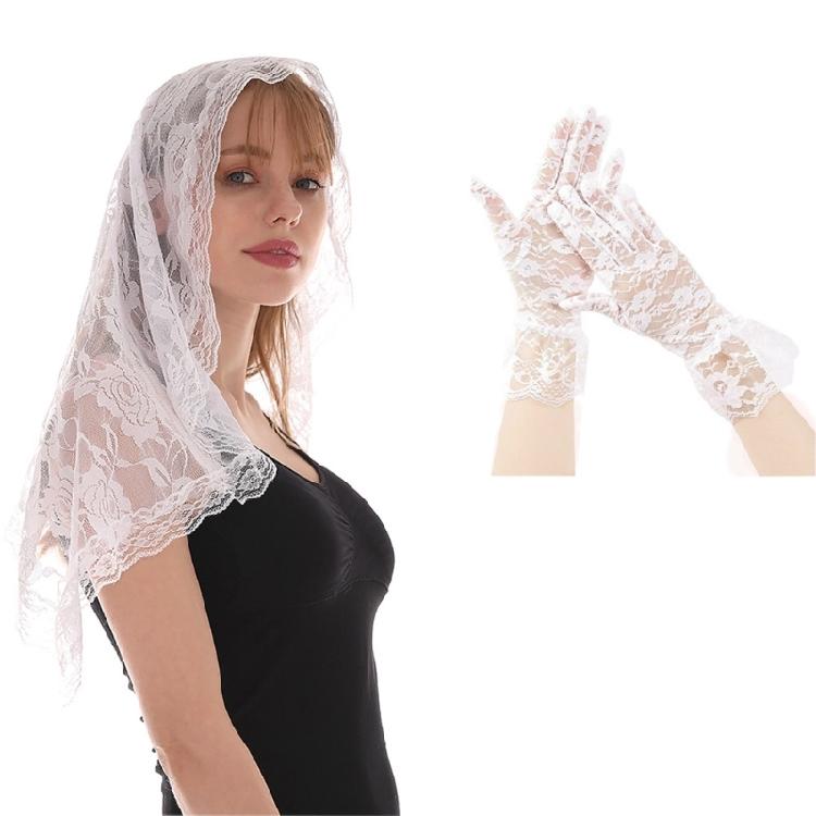 

Wedding Veil Headwear Wrist Length Bridal Gloves Cosplay Halloween Costumes Bridal Veil with Floral Lace Gloves Set
