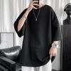 Men's Solid Color Waffle T-Shirt, Hong Kong Style, Short-Sleeved, Korean Trend, Loose Fit, Five-Point Sleeve.