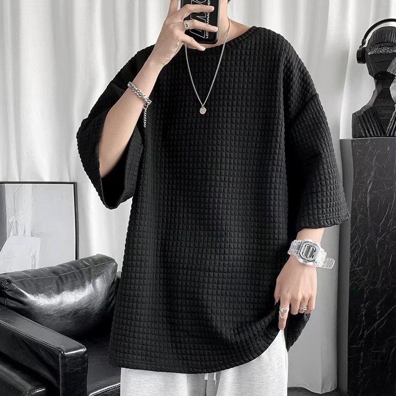 Men's Solid Color Waffle T-Shirt, Hong Kong Style, Short-Sleeved, Korean Trend, Loose Fit, Five-Point Sleeve.