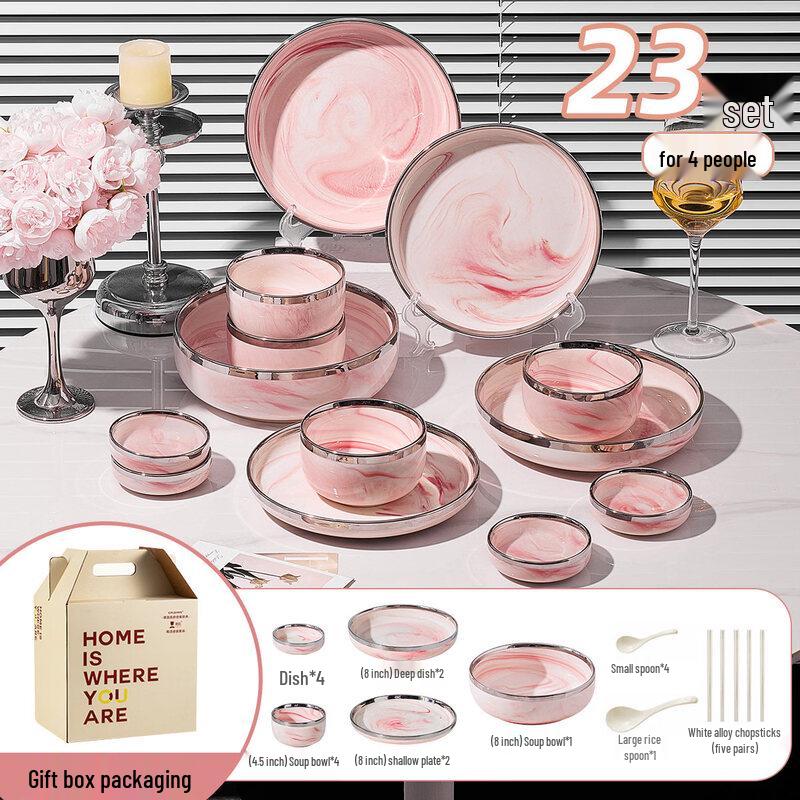 Керамический обеденный сервиз в европейском стиле с розовым мраморным узором