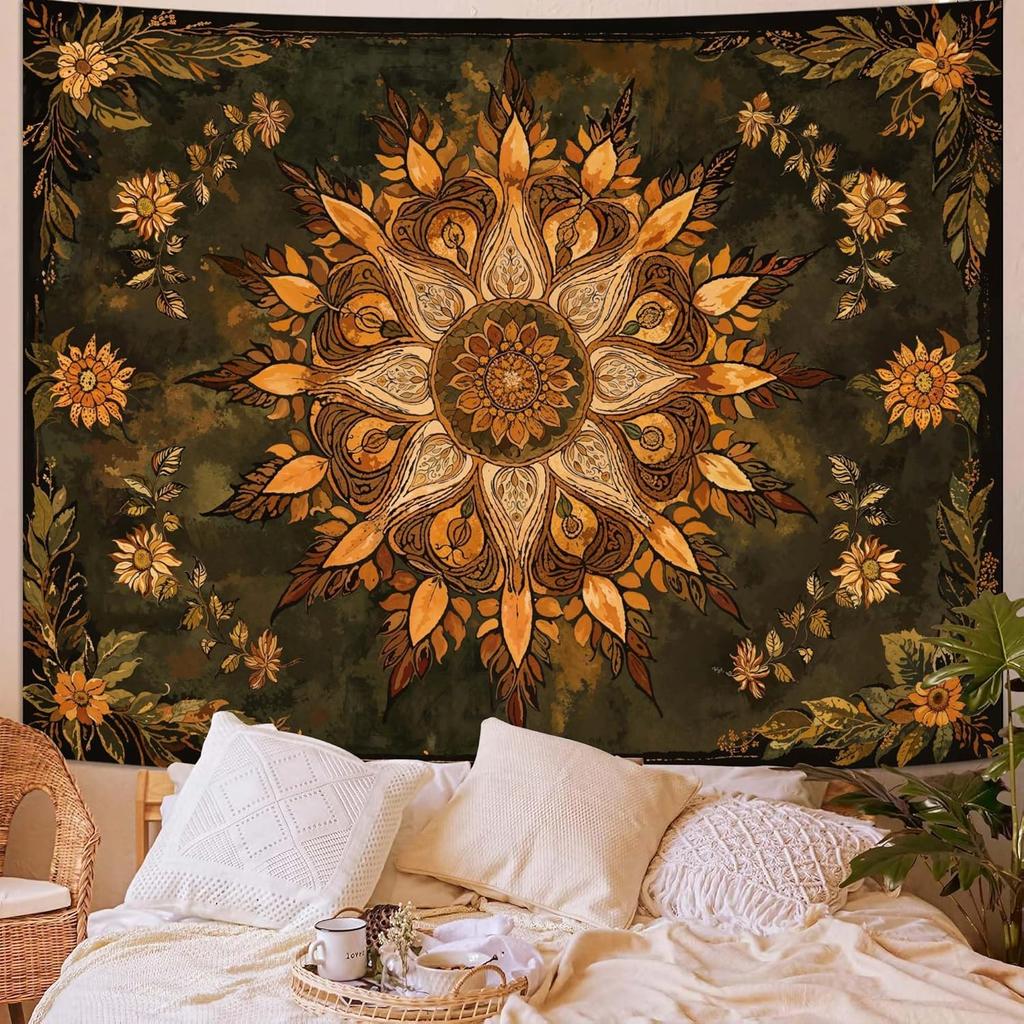 Vintage Sunflower Mandala Tapestry, Bohemian Floral Medallion Wall Hanging for Bedroom Living Room Aesthetic Home Decor