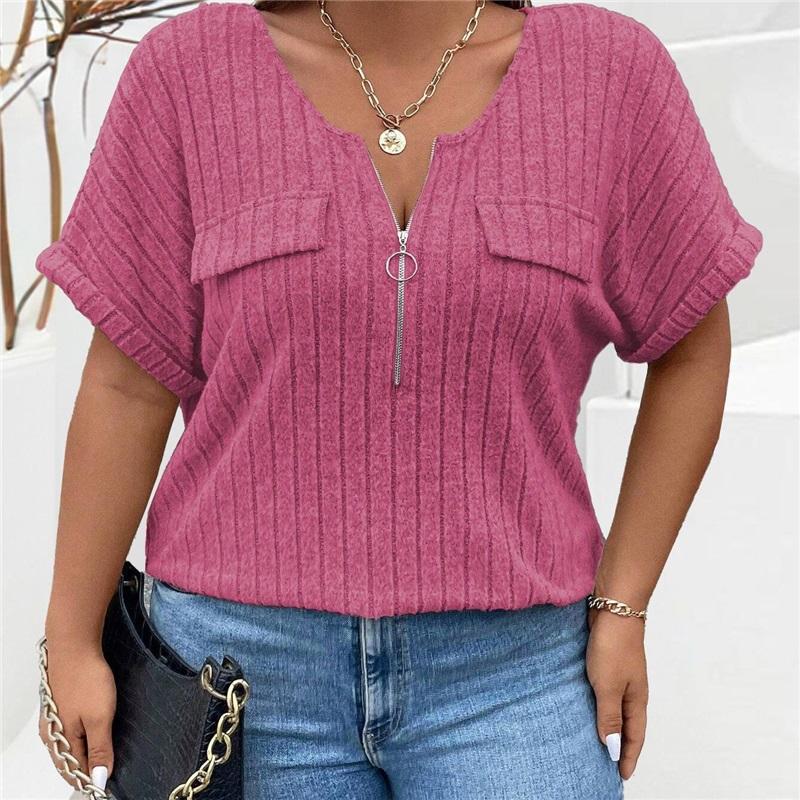 

Spring And Summer New Solid Color Large Women s Top Zipper Short Sleeve Fake Pocket Pullover T-shirt Loose XL рожевий