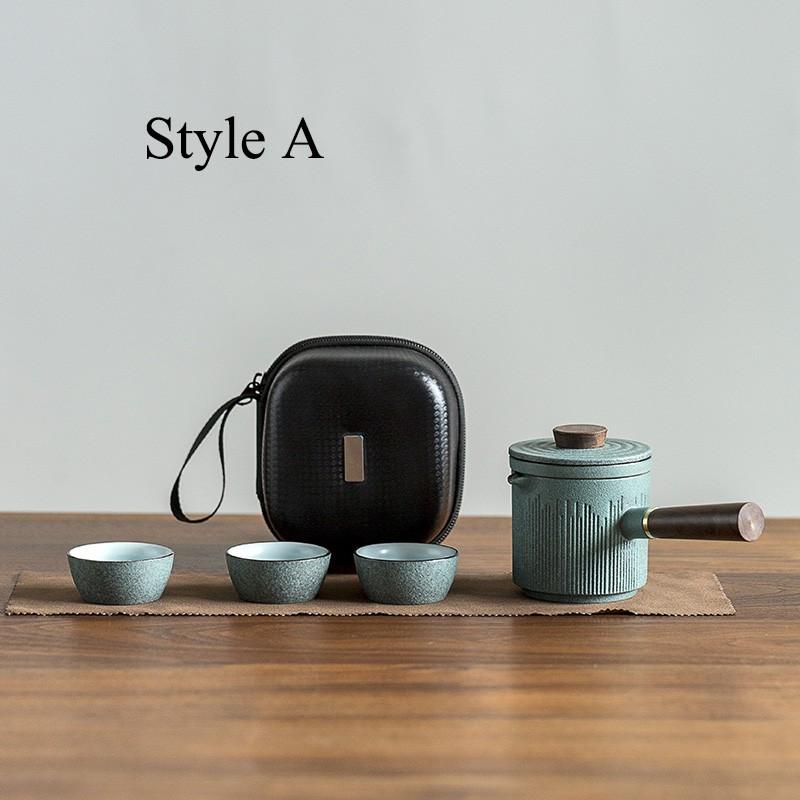 

Bluestone Glaze Ceramic Side Handle Teapot Kung Fu Tea Set Portable Quick Tea Cup One Pot Three Cups A