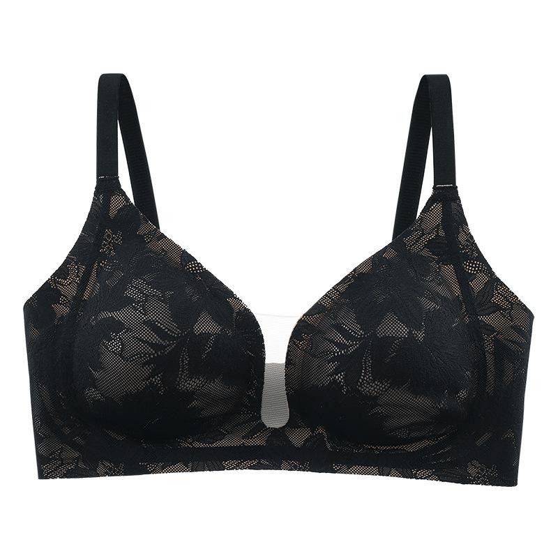 Light luxury lace seamless adjustment mesh splicing deep V text light soft support 1A antibacterial cool