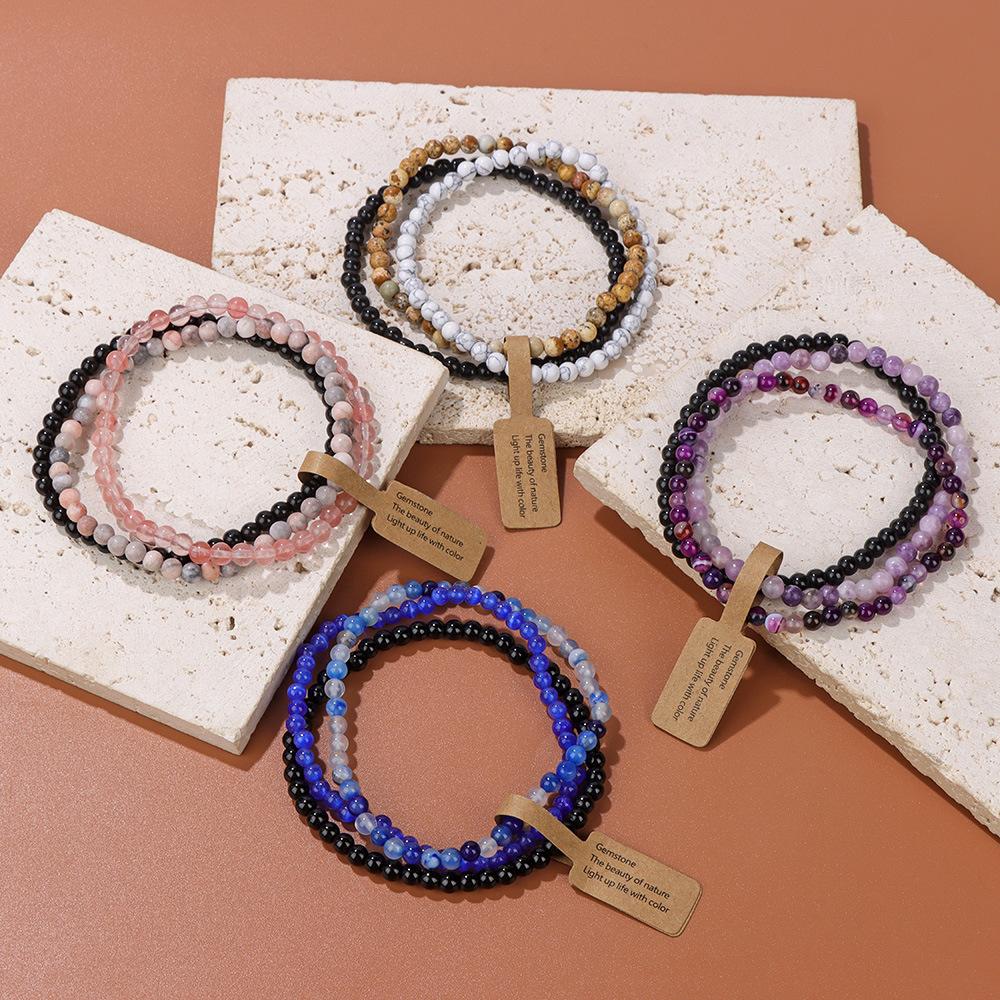 3 Pieces Natural Stone 4mm Beads Elastic Bracelets For Women Men Moss Agates Rose Quartzs Stretch Bracelet Set With Tag Jewelry
