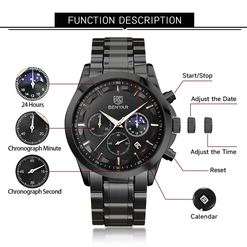 BENYAR Chronograph Watch with Leather and Black Leather Strap for Business and Formal Wear Men's Multi-Calendar Strap, Water-Resistant