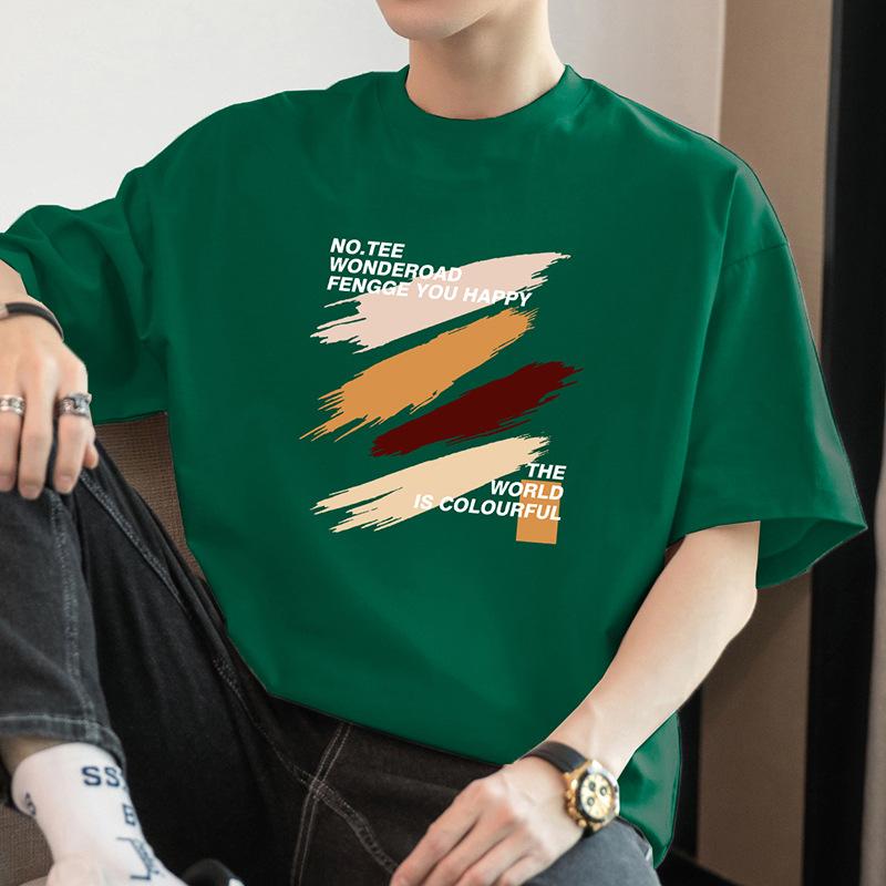 

260G Heavy Cotton T-Shirt Men S Short-Sleeved Printed Clothes American Cotton Half-Sleeved Trendy Loose Round Neck T-Shirt 3XL