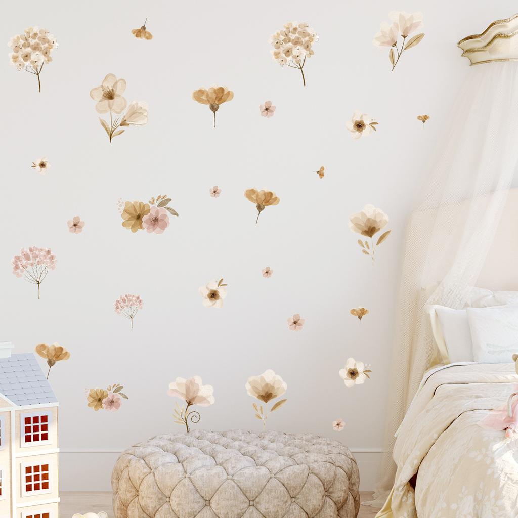 Watercolor Floral Wall Stickers Removable Peel and Stick Boho Flower Wall Decals for Nursery Bedroom Living Kids Room Home Decor