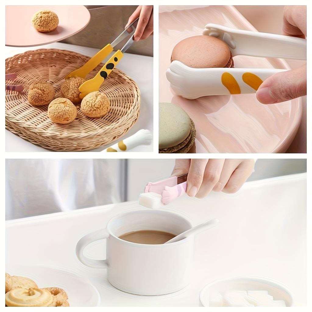 3pcs WhimsyCat Cartoon Cat Paw Food Tongs for BBQ, Sandwiches, Baking, Ice, and Sugar , Cute Stainless Steel Kitchen Utensils for Cooking