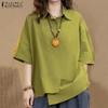 ZANZEA Damen Sommer Casual Shirt Kragen Halbarm Lose Diagonal Knopf Einfarbig Blusen