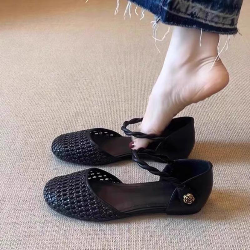 Hand-woven Style Genuine  Round Toe Low Heel Back Hollow Lace-up Sandals Solid Color Thick Heel Elegant Women's Shoes