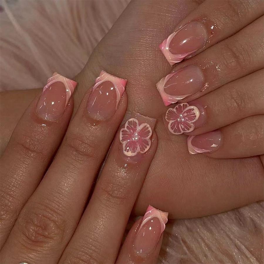 24Pcs Sweet Medium Square False Nails with Glue Blush Pink Flowers Fake Nails Full Cover French Acrylic Press On Nails for Girls