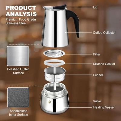2/4/6 Tassen Edelstahl Moka-Kanne, Kaffeemaschine Mocha-Kanne, Italienische Kaffeemaschine Geeignet für Induktionsherde Kaffeezubehör