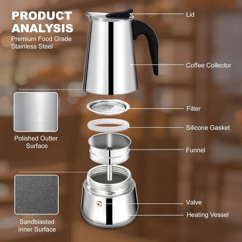 2/4/6 Cups Stainless Steel Moka Pot , Coffee Maker Mocha Pot,Italian Coffee Machine Fit Induction Cookers Coffee Accessories